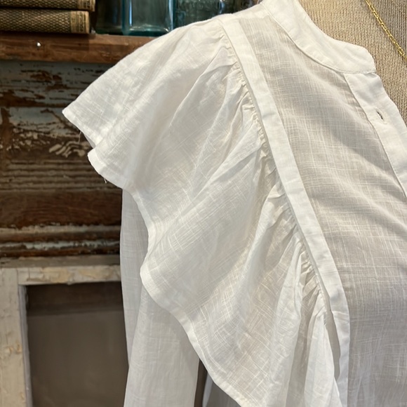 PAIGE FARREN RUFFLE SHOULDER & BODICE Button Front Mandarin Collar SHIRT Blouse - Picture 4 of 7